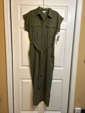 NWT Nine West Utility Jumpsuit Size L Large Olive Green Belted Short Sleeves